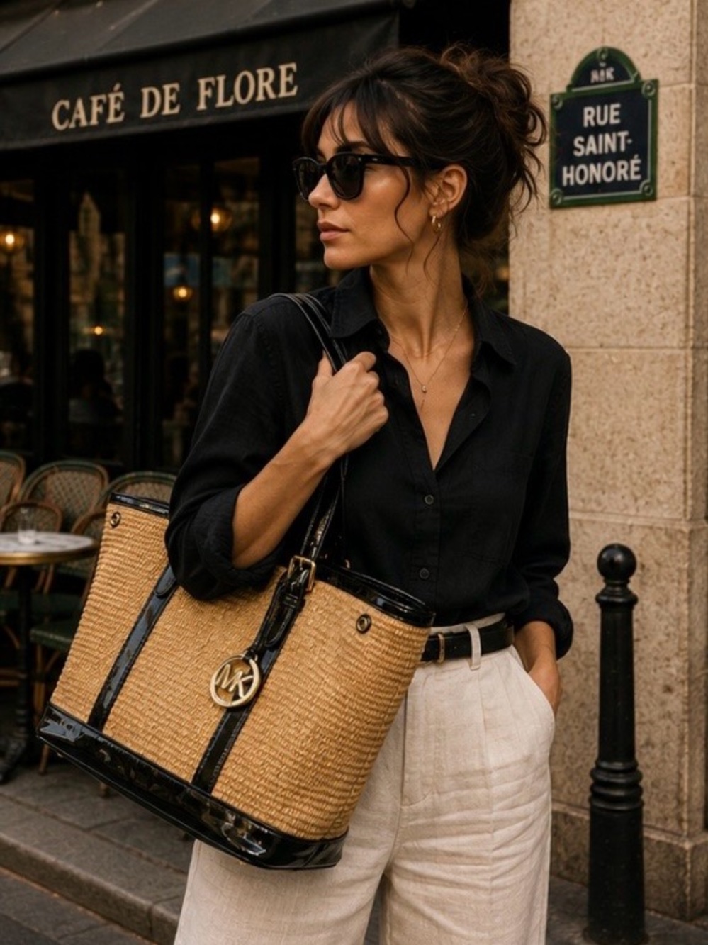 Michael Kors Large Straw Tote Bag Black Patent Trim Gold MK Charm